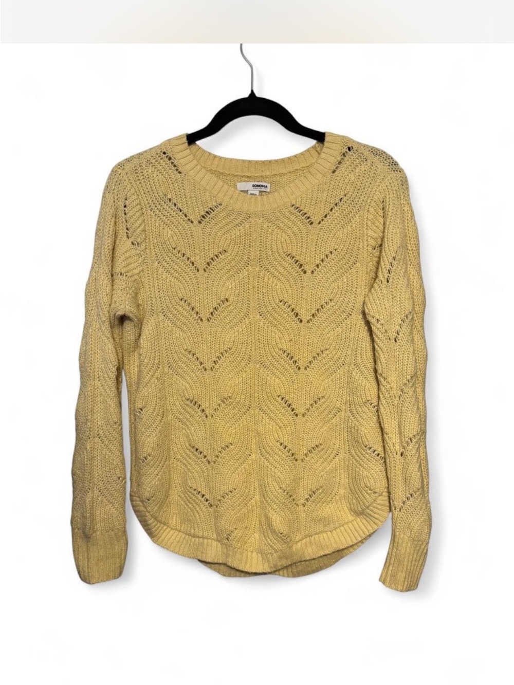 Sonoma Goods For Life Pastel Yellow Chevron Pointelle Open Knit Crewneck Sweater